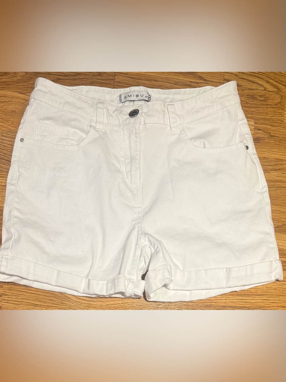 Amisu White Denim Cuffed Shorts With ~ Pockets ~ Stretch Size EU 38/Small